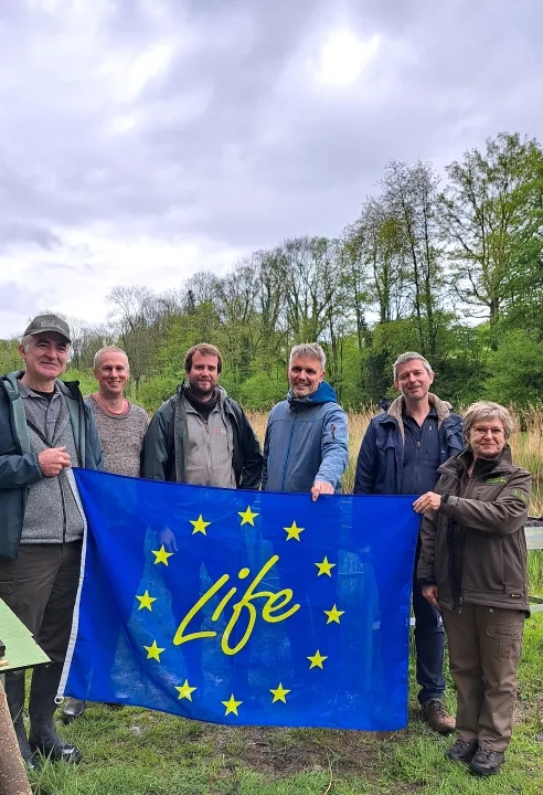 From left to right:  Research Institute for Nature and Forests (INBO): Johan Auwerx, Jeroen Speybroeck, Loïc van Doorn.  NABU-Münsterland (Life IP Atlantic region DE): Christian Göcking.  Agency for Nature and Forests (ANB): Tom Andries, Lily Gora (Life B4B).
